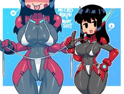 Rule 34 | 1girl, :p, asta rindo (rariatto), bikini, black bodysuit, black eyes, black hair, blush, blush stickers, bodysuit, breasts, cameltoe, cleft of venus, covered navel, cowboy shot, grey bodysuit, hand on own hip, heart, highres, index finger raised, large breasts, long hair, looking at viewer, micro bikini, multiple views, open mouth, original, outline, projected inset, rariatto (ganguri), red accents, smile, spoken heart, spoken sweatdrop, spoken symbol, sweatdrop, swimsuit, tongue, tongue out, white bikini, white outline