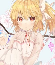 Rule 34 | 1girl, alternate costume, back bow, blonde hair, blush, bow, breasts, closed mouth, flandre scarlet, floral background, hair bow, highres, knees up, looking at viewer, maruro, neck ribbon, nightgown, one side up, red eyes, red ribbon, ribbon, see-through, short hair, sitting, small breasts, smile, solo, touhou, white background, white bow, wings