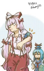 Rule 34 | 2girls, = =, ascot, blue dress, blue hair, bow, buttons, chamaji, commentary request, dots, dress, fujiwara no mokou, hair bow, hat, highres, kamishirasawa keine, long hair, multiple girls, needle, one-hour drawing challenge, pants, patch, red pants, sewing needle, short sleeves, silver hair, sparkle, suspenders, sweatdrop, touhou
