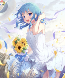 Rule 34 | 1girl, :o, absurdres, armpit crease, bare arms, bare shoulders, blue bow, blue eyes, blue hair, blurry, blush, bouquet, bow, breasts, cloud, cloudy sky, collarbone, commentary, cowboy shot, day, depth of field, dress, eyelashes, field, floating hair, flower, frilled dress, frills, hair down, hair tie, hand to head, hand up, hat, hat flower, hat loss, highres, hololive, hoshimachi suisei, keis (locrian1357), leaf, legs together, light particles, looking at viewer, medium hair, open mouth, outdoors, petals, photoshop (medium), red flower, ribbon, round teeth, rubber band, sidelocks, sky, sleeveless, sleeveless dress, small breasts, smile, solo, spaghetti strap, standing, straw hat, sun hat, sundress, sunflower, teeth, twilight, upper teeth only, virtual youtuber, white dress, white flower, white ribbon, wind, wind lift