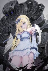 Rule 34 | 1girl, blonde hair, blue eyes, blue ribbon, breasts, cleavage, closed mouth, detached sleeves, dress, golem, hair ribbon, highres, jewelry, large breasts, long hair, multiple rings, original, ribbon, ring, standing, voruvoru, white dress, white sleeves