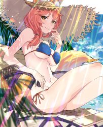 Rule 34 | 1girl, animal ear fluff, animal ears, bare shoulders, beach, beach chair, bikini, blue bikini, blush, breasts, cleavage, closed mouth, crossed legs, ears through headwear, fate/grand order, fate (series), fox ears, fox girl, fox tail, hat, highres, large breasts, long hair, looking at viewer, navel, palm tree, pink hair, sitting, smile, solo, straw hat, swimsuit, tail, tamamo (fate), tamamo no mae (fate/extra), tamamo no mae (swimsuit lancer) (fate), temir, thighs, tree, yellow eyes
