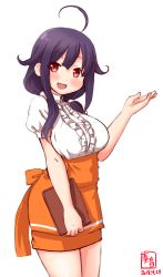 Rule 34 | 1girl, ahoge, alternate costume, anna miller, apron, blouse, clipboard, commentary request, cowboy shot, dated, hair flaps, highres, kanon (kurogane knights), kantai collection, logo, looking at viewer, low twintails, orange skirt, purple hair, red eyes, shirt, simple background, skirt, solo, taigei (kancolle), twintails, waist apron, waitress, white background