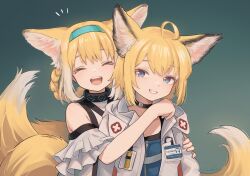 Rule 34 | 2girls, :d, absurdres, ahoge, alternate hair color, animal ears, arknights, bare shoulders, black choker, blonde hair, blue background, blue eyes, blue hairband, blue vest, braid, braided hair rings, chinese commentary, choker, closed eyes, coat, colored tips, commentary request, fox ears, fox girl, fox tail, grin, hairband, highres, hood, hooded coat, hug, hug from behind, infection monitor (arknights), kitsune, kyuubi, multicolored hair, multiple girls, multiple tails, notice lines, open mouth, short hair, smile, sussurro (arknights), suzuran (arknights), tail, teeth, twin braids, two-tone hair, upper teeth only, vest, welt (kinsei koutenkyoku), white coat, white hair