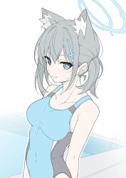 Rule 34 | 1girl, animal ear fluff, animal ears, arms behind back, bare shoulders, black one-piece swimsuit, blue archive, blue eyes, blue halo, blue one-piece swimsuit, blush, breasts, closed mouth, collarbone, competition swimsuit, covered navel, cross, cross hair ornament, earrings, extra ears, flat color, grey hair, hair ornament, halo, highleg, highleg swimsuit, highres, inverted cross, jewelry, looking at viewer, masabodo, medium breasts, medium hair, mismatched pupils, multicolored clothes, multicolored swimsuit, official alternate costume, one-piece swimsuit, pool, pool ladder, shiroko (blue archive), shiroko (swimsuit) (blue archive), side ponytail, simple background, single earring, smile, solo, stud earrings, swimsuit, two-tone swimsuit, upper body, white background, wolf ears