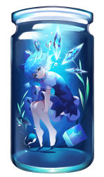 Rule 34 | 1girl, absurdres, air bubble, barefoot, blue bow, blue dress, blue eyes, blue hair, bow, bubble, cirno, dress, fish, hair bow, highres, ice, ice cube, ice wings, in container, in jar, puffy short sleeves, puffy sleeves, red ribbon, ribbon, short hair, short sleeves, solo, touhou, underwater, white background, wings, yuujin (yuzinn333)