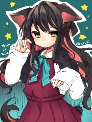 Rule 34 | &gt;:3, 10s, 1girl, :3, animal ears, black hair, blush, cat ears, cat tail, highres, kantai collection, kemonomimi mode, long hair, long sleeves, looking at viewer, multicolored hair, nachiru, naganami (kancolle), pink hair, ribbon, simple background, skirt, solo, star (symbol), tail, trick or treat, v-shaped eyebrows, yellow eyes