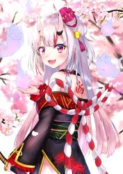 Rule 34 | 1girl, :d, blush, cherry blossoms, demon horns, fangs, fifth3640, floral print, gold trim, hair ornament, highres, hololive, horns, japanese clothes, kouhaku nawa, long sleeves, looking at viewer, mask, multicolored hair, nakiri ayame, nakiri ayame (1st costume), obi, oni mask, open mouth, open shoulder, red eyes, red hair, rope, sash, shimenawa, sidelocks, smile, solo, spider lily print, streaked hair, sword, tattoo, virtual youtuber, weapon, white hair