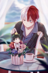 Rule 34 | 2boys, absurdres, alternate costume, blue eyes, blue flower, boku no hero academia, bow, bowtie, burn scar, chair, chibi, coffee, coffee cup, commentary request, cup, disposable cup, flower, freckles, green hair, grey eyes, hair between eyes, heterochromia, highres, jacket, ku luo mofa shi, looking at another, male focus, midoriya izuku, multicolored hair, multiple boys, red hair, scar, shirt, short hair, sitting, smile, todoroki shouto, two-tone hair, white flower, white hair