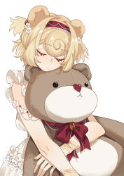 Rule 34 | 1girl, absurdres, animal ears, arknights, bear ears, blonde hair, blush, bow, closed eyes, closed mouth, dress, flower, gummy (arknights), hair flower, hair ornament, hairband, highres, hugging object, red bow, red hairband, simple background, sleeveless, sleeveless dress, solo, stuffed animal, stuffed toy, teddy bear, two side up, white background, white dress, white flower, ya kexi
