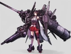 Rule 34 | 10s, 1girl, alternate weapon, black hair, detached sleeves, full body, fusou (kancolle), grey background, jpeg artifacts, kantai collection, long hair, machinery, md5 mismatch, nontraditional miko, red eyes, resized, skirt, solo, sumisu (mondo), weapon