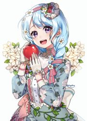 Rule 34 | 10s, 1girl, :d, apple, bang dream!, blue dress, blue hair, blush, bow, braid, chyoling, commentary request, dress, floral print, flower, food, fruit, gloves, hair flower, hair ornament, hair over shoulder, hair ribbon, hairband, half gloves, hands up, head tilt, holding, holding food, holding fruit, long hair, long sleeves, matsubara kanon, open mouth, pink bow, pink ribbon, print dress, purple eyes, red apple, red hairband, ribbon, rose print, round teeth, side braid, simple background, smile, solo, strawberry, striped clothes, striped hairband, striped ribbon, teeth, upper teeth only, white background, white flower, white gloves