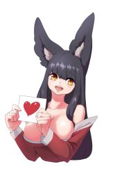 Rule 34 | 1girl, ahri (league of legends), animal ear fluff, animal ears, bare shoulders, black hair, breasts, cleavage, detached sleeves, dress, facial mark, fox ears, fox girl, heart, highres, holding, holding paper, korean clothes, large breasts, league of legends, long hair, looking at viewer, open mouth, paper, red dress, simple background, smile, solo, teeth, upper teeth only, whisker markings, white background, yabby, yellow eyes