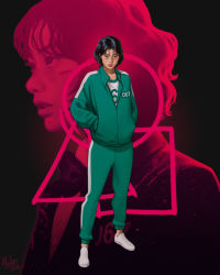 Rule 34 | 1girl, artist name, black background, black hair, blood, blood on face, bow, bowtie, commentary, full body, green jacket, green pants, hands in pockets, jacket, kang sae-byeok, long sleeves, looking at viewer, medertaab, multicolored clothes, multicolored jacket, multiple views, open mouth, pants, squid game, standing, two-tone jacket, two-tone pants, white footwear, white jacket, white pants