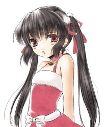 Rule 34 | bare shoulders, bell, black hair, brown eyes, christmas, collar, flat chest, hair ribbon, jyuru, kooh, long hair, neck bell, open mouth, pangya, ribbon, santa costume, simple background, solo, twintails