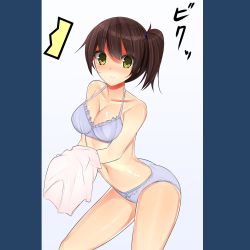 Rule 34 | 10s, 1girl, ^^^, bikini, blue panties, blush, bra, breasts, brown hair, cleavage, cowboy shot, from side, highres, kaga (kancolle), kantai collection, looking at viewer, panties, side ponytail, simple background, solo, sonyntendo, standing, swimsuit, underwear, underwear only