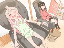 Rule 34 | 2girls, :d, absurdres, ahoge, b yone kome, bare arms, bare legs, barefoot, bathhouse, black hair, black socks, blush, bolo tie, bottle, closed eyes, commentary, drooling, green shirt, green shorts, highres, indoors, kneehighs, long sleeves, massage chair, mouth drool, multicolored hair, multiple girls, onii-chan wa oshimai!, open mouth, oyama mahiro, oyama mihari, pink hair, purple hair, red shirt, shirt, short shorts, short sleeves, shorts, siblings, sisters, smile, socks, towel, towel around neck, two-tone hair, wooden floor