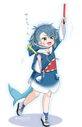 Rule 34 | 1girl, animal costume, animal hood, blue dress, blue hair, blue hoodie, brown eyes, cosplay, cube hair ornament, dated, dress, fangs, fins, fish tail, fukae (kancolle), full body, gawr gura, gawr gura (1st costume), gawr gura (cosplay), glowstick, gradient hair, hair ornament, holding, holding glowstick, hololive, hololive english, hood, hooded dress, hoodie, kantai collection, long sleeves, masara (chuujou), multicolored hair, one-hour drawing challenge, shark costume, shark hood, shark tail, shoes, short hair, side ponytail, sidelocks, smile, sneakers, solo, standing, tail, twitter username, virtual youtuber, white background, white footwear, wide sleeves