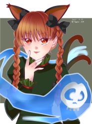 Rule 34 | 1girl, :p, animal ears, bow, braid, cat ears, cat tail, dress, green dress, hair bow, harunonanashiki, highres, hitodama, kaenbyou rin, long sleeves, multiple tails, nekomata, red eyes, red hair, solo, tail, tongue, tongue out, touhou, twin braids, two tails