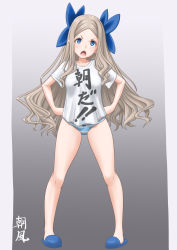 Rule 34 | 1girl, alternate costume, asakaze (kancolle), blonde hair, blue eyes, blue panties, blue ribbon, bow, bow panties, clothes writing, collarbone, commentary request, forehead, full body, hair ribbon, hands on own hips, highres, kantai collection, long hair, panties, parted bangs, ribbon, shirt, short sleeves, sidelocks, solo, standing, striped clothes, striped panties, t-shirt, t2r, underwear, wavy hair, white shirt