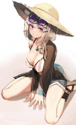 Rule 34 | 1girl, animal ear fluff, animal ears, aqua nails, arknights, bare arms, bare shoulders, bikini, black jacket, breasts, cleavage, collarbone, fang, female focus, grey bikini, grey shorts, hat, highres, idashige (walkietalkie), jacket, jewelry, large breasts, long hair, looking at viewer, nail polish, official alternate costume, open clothes, open jacket, pendant, purple eyes, sandals, short shorts, shorts, silver hair, sitting, skin fang, smile, solo, stomach, striped bikini, striped clothes, sun hat, swimsuit, swimsuit cover-up, tail, thighs, utage (arknights), utage (summer flowers) (arknights), vertical-striped bikini, vertical-striped clothes, wariza