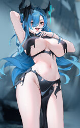 Rule 34 | 1girl, :d, arm behind back, arm up, armpits, azur lane, blue eyes, blue hair, blurry, blurry background, blush, breasts, commentary request, depth of field, fangs, groin, hair over one eye, hand in own hair, highres, horns, large breasts, long hair, looking at viewer, mary celeste (azur lane), navel, open mouth, pointy ears, revealing clothes, smile, solo, stomach, thighs, torn clothes, underboob, zhudouzi