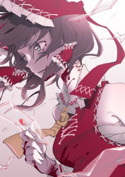 Rule 34 | 1girl, absurdres, ascot, bare shoulders, black eyes, black hair, blood, blood on face, blood on hands, bow, cross-laced footwear, gradient background, hair bow, hakurei reimu, highres, medium hair, mizoreshi, ofuda, parted lips, red bow, sarashi, sidelocks, solo, touhou, upper body, yellow ascot