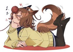 Rule 34 | 1girl, agnes tachyon (umamusume), animal ears, beamed eighth notes, bell, blush, brown hair, brown pantyhose, closed eyes, closed mouth, commentary request, eighth note, feet, feet up, full body, grey nails, grey shirt, hair between eyes, hair ornament, head rest, heart, horse ears, horse girl, horse tail, lace trim, lying, medium hair, musical note, no shoes, on stomach, pantyhose, shirt, sidelocks, simple background, smile, solo, sparkle, spread toes, tail, the pose, toes, torasigure, umamusume, white background, yarn, yarn ball