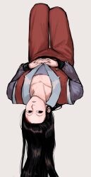 Rule 34 | 1boy, black eyes, black hair, collarbone, expressionless, highres, hunter x hunter, illumi zoldyck, long hair, long sleeves, looking at viewer, male focus, oh myowa666, pin, simple background, solo, upside-down, white background