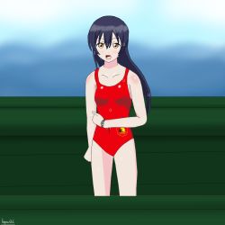 Rule 34 | 1girl, artist name, bare legs, bare shoulders, blue hair, blue sky, blush, breasts, brown eyes, cloud, collarbone, day, female focus, hair between eyes, leopauldelr, long hair, looking at viewer, love live!, love live! school idol project, one-piece swimsuit, outdoors, parted lips, red one-piece swimsuit, sky, small breasts, smile, solo, sonoda umi, swimsuit, watch, wet, wet clothes, wet hair, wet swimsuit, wristwatch, yellow eyes