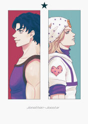 2boys blonde_hair blue_eyes blue_hair blue_lips commentary frown hat heart highres hood hoodie horseshoe_ornament johnny_joestar jojo_no_kimyou_na_bouken jonathan_joestar male_focus mtkpasta multiple_boys phantom_blood smile star_(symbol) star_print steel_ball_run turtleneck white_hat white_hoodie