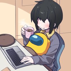 Rule 34 | 2others, ambiguous gender, among us, at computer, black hair, blush, chair, coffee, coffee mug, commentary request, computer, crewmate (among us), cup, helmet, holding, holding cup, hot chocolate, indoors, kiman, laptop, long sleeves, looking at another, mug, multiple others, no arms, sitting, sitting on lap, sitting on person, smile, space helmet, spacesuit, steam, table, tray