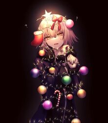 Rule 34 | 1girl, ?, ahoge, black background, black coat, black dress, candy, candy cane, christmas ornaments, coat, commentary request, dress, fate/grand order, fate (series), food, fur-trimmed coat, fur-trimmed sleeves, fur trim, grey hair, hair ribbon, half-closed eyes, highres, jeanne d&#039;arc alter (fate), jeanne d&#039;arc alter (ver. shinjuku 1999) (fate), long sleeves, open clothes, open coat, red ribbon, ribbon, roro 982, short hair, solo, star (symbol), sweatdrop, yellow eyes