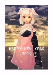 Rule 34 | 10s, 1girl, adapted costume, animal ears, commentary request, cowboy shot, earrings, extra ears, from side, happy new year, highres, japanese clothes, jewelry, kemono friends, kimono, looking at viewer, new year, pig (kemono friends), pig ears, pig nose, pink eyes, pink hair, ponta (matsuokazieg), short hair, solo