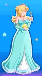 Rule 34 | 1girl, bare shoulders, blonde hair, blue background, blush, breasts, closed eyes, crown, dress, earrings, elbow gloves, gloves, gradient background, hair over one eye, highres, jewelry, large breasts, long hair, luma (mario), mario (series), nail polish, nintendo, rosalina, sigurd hosenfeld, smile, solo, star (symbol), super mario bros. 1, super mario galaxy, wand