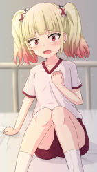 Rule 34 | 1girl, bed sheet, blonde hair, blush, commentary request, feet out of frame, female focus, gradient hair, gym shirt, gym shorts, gym uniform, hand up, highres, knees together feet apart, knees up, looking at viewer, mieruko-chan, multicolored hair, niguredou julia, on bed, open mouth, red eyes, red hair, red shorts, sheet grab, shirt, short shorts, short sleeves, shorts, sitting, socks, solo, takasuma hiro, twintails, white shirt, white socks