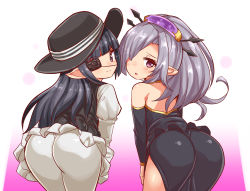 Rule 34 | 2girls, ass, bare shoulders, cougar (cougar1404), dress, eyepatch, from behind, hair ornament, hair over one eye, hat, leaning, leaning forward, long hair, looking at viewer, looking back, multiple girls, pointy ears, purple eyes, red eyes, shiny clothes, shiny skin, smile, very long hair