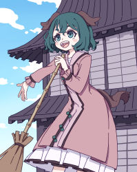 Rule 34 | 1girl, absurdres, animal ears, bamboo broom, blush stickers, broom, cowboy shot, day, dog ears, dog tail, dress, green eyes, green hair, hair between eyes, highres, holding, holding broom, kame (kamepan44231), kasodani kyouko, long sleeves, one-hour drawing challenge, open mouth, pink dress, short hair, smile, solo, tail, touhou
