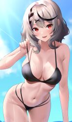 Rule 34 | 1girl, absurdres, armpit crease, bare arms, bare shoulders, bikini, black hair, blue sky, blush, braid, braided bangs, breasts, cloud, commentary request, day, fang, gluteal fold, grey hair, hair ornament, highleg, highleg bikini, highres, hirahiragi (h1rqg1), hololive, large breasts, looking at viewer, medium hair, multi-strapped bikini bottom, multicolored hair, navel, open mouth, outdoors, red eyes, sakamata chloe, skin fang, sky, smile, solo, stomach, strap pull, streaked hair, sunlight, swimsuit, virtual youtuber, water drop, wet, x hair ornament