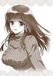 Rule 34 | 1girl, absurdres, aran sweater, blush, breasts, cable knit, carnelian, female focus, highres, large breasts, long hair, monochrome, open mouth, original, ribbed sweater, ruri (carnelian), rurika (carnelian), smile, solo, sweater, turtleneck