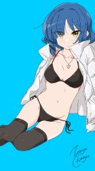 Rule 34 | 1girl, absurdres, artist name, black bra, black panties, black thighhighs, blue background, blue hair, bocchi the rock!, bra, breasts, collarbone, commentary, eyes visible through hair, hair over one eye, highres, jewelry, long sleeves, looking at viewer, medium breasts, mole, mole under eye, necklace, open clothes, open shirt, panties, shirt, side-tie panties, simple background, sitting, solo, thighhighs, underwear, white shirt, yamada ryo, yellow eyes, zetsuyo chimayo