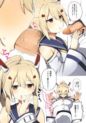Rule 34 | 1boy, 1girl, ayanami (azur lane), azur lane, censored, commander (azur lane), commentary request, cum, cum in mouth, detached sleeves, closed eyes, fellatio, hair between eyes, hair ornament, hairclip, hat, highres, long hair, military, military uniform, mosaic censoring, oral, penis, ponytail, pubic hair, red eyes, silver hair, simple background, tonari (ichinichime azuma), translation request, uniform, white background