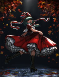 Rule 34 | 1girl, autumn leaves, backlighting, black footwear, boots, breasts, clothes lift, collar, dress, dress lift, frilled collar, frilled dress, frilled ribbon, frilled shirt collar, frills, full body, green eyes, green hair, hair ribbon, high heel boots, high heels, kagiyama hina, knee boots, light, light particles, light rays, lips, long hair, looking to the side, looking up, matching hair/eyes, mitsuya, one eye closed, open mouth, petticoat, platform boots, platform footwear, platform heels, red dress, ribbon, ripples, shiny clothes, short sleeves, signature, smile, solo, spinning, splashing, standing, standing on liquid, teeth, touhou, water, wrist ribbon
