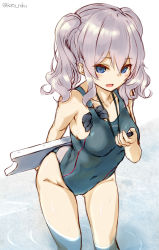 Rule 34 | 10s, 1girl, absurdres, alternate costume, arm behind back, bare legs, blue eyes, blue one-piece swimsuit, bow, breasts, collarbone, competition swimsuit, covered navel, from above, grey hair, hair between eyes, hair bow, highres, holding, in swimsuit, kantai collection, kashima (kancolle), katoroku, leaning forward, looking at viewer, medium breasts, object in clothes, object in swimsuit, one-piece swimsuit, ripples, sketch, solo, standing, stopwatch, swim cap, swimsuit, twintails, twitter username, wading, watch, water, wavy hair, white background