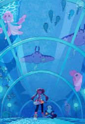 Rule 34 | 1girl, air bubble, alomomola, aquarium tunnel, bag, basculin, basculin (blue), basculin (red), black pantyhose, brown hair, bubble, commentary, creatures (company), dewott, double bun, english commentary, frillish, frillish (female), from below, game freak, gen 2 pokemon, gen 3 pokemon, gen 5 pokemon, hair bun, long hair, looking up, mantine, nintendo, open mouth, pantyhose, pantyhose under shorts, pokemon, pokemon (creature), pokemon bw2, remoraid, rosa (pokemon), shirt, shoes, shorts, sigulary, smile, sneakers, standing, teeth, twintails, visor cap, wailord, yellow shorts