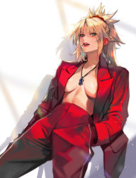 Rule 34 | 1girl, absurdres, aged up, bad id, bad pixiv id, braid, breasts, breasts apart, cigarette, collarbone, cowboy shot, fate/grand order, fate (series), french braid, hair ornament, hair scrunchie, hands in pockets, high-waist pants, highres, jacket, jewelry, long hair, mature female, medium breasts, milin (orange maru), mordred (fate), mordred (fate/apocrypha), no bra, open clothes, open jacket, open mouth, pants, parted bangs, pendant, pink lips, ponytail, red jacket, red pants, scrunchie, solo, v-shaped eyebrows
