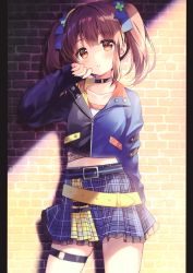 Rule 34 | 1girl, absurdres, belt, blouse, blue skirt, blurry, bow, brick wall, brown hair, choker, collarbone, cowboy shot, crop top, cropped jacket, frilled skirt, frills, hair bow, hand up, highres, idolmaster, idolmaster cinderella girls, idolmaster cinderella girls starlight stage, jacket, long hair, long sleeves, looking at viewer, midriff, miniskirt, multicolored clothes, multicolored jacket, ogata chieri, orange eyes, parted lips, plaid, plaid skirt, shirt, sidelocks, skirt, solo, standing, suimya, thigh strap, twintails, two-sided fabric, two-sided jacket, two-tone jacket, white shirt, wing collar