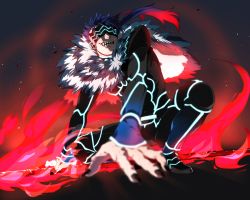 Rule 34 | 1boy, armor, black footwear, black nails, blindfold, blue hair, blurry, covered eyes, cu chulainn (fate), depth of field, fate/kaleid liner prisma illya, fate (series), fingernails, fire, floating hair, from below, full body, fur trim, gae bolg (fate), glowing, hametusinn, holding, holding weapon, cu chulainn (fate/stay night), light particles, long sleeves, low ponytail, male focus, multicolored hair, nail polish, one eye closed, polearm, ponytail, red hair, sharp fingernails, sharp teeth, shoes, solo, spear, tail, teeth, two-tone hair, weapon