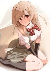 Rule 34 | 1girl, arm warmers, blush, bow, bowtie, braid, breasts, brown eyes, cloud hair ornament, grey skirt, highres, kantai collection, large breasts, light brown hair, long hair, looking at viewer, low twin braids, metadio, minegumo (kancolle), pleated skirt, red bow, red bowtie, red eyes, shirt, sitting, skirt, solo, suspender skirt, suspenders, twin braids, wariza, white shirt, wooden floor