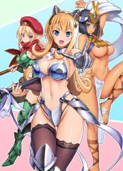 Rule 34 | 3girls, alleyne (queen&#039;s blade), alleyne (queen&#039;s blade unlimited), animal ears, arm up, armor, armored boots, armpits, bare shoulders, belt, beret, bikini armor, black gloves, black hair, black legwear, black panties, blonde hair, blue eyes, blue gemstone, blunt bangs, boots, bow, bowtie, braid, breastplate, breasts, cleavage, closed mouth, corset, cross-laced footwear, curvy, dark-skinned female, dark skin, day, detached collar, egyptian clothes, elbow gloves, elf, elina (queen&#039;s blade), elina (queen's blade), fake animal ears, faulds, fingerless gloves, gauntlets, gem, gloves, greaves, green footwear, green legwear, hairband, hat, headgear, highleg, highleg panties, holding, holding weapon, index finger raised, jewelry, knee boots, lace, lace-trimmed gloves, lace-trimmed legwear, lace trim, large breasts, long hair, looking at viewer, medium breasts, menace (queen&#039;s blade), menace (queen&#039;s blade unlimited), micro panties, multiple girls, navel, o-ring, o-ring bottom, official art, oosaki shin&#039;ya, open mouth, outline, panties, panty straps, pelvic curtain, pointing, pointing at viewer, pointy ears, polearm, queen&#039;s blade, queen&#039;s blade unlimited, red scarf, revealing clothes, ribbon, sandals, scarf, setra, shadow tracker elina, shawl, short hair, side braid, sidelocks, simple background, single gauntlet, skirt, smile, spear, standing, standing on one leg, string panties, striped clothes, striped panties, tan, thigh boots, thigh gap, thighhighs, underboob, underwear, vambraces, weapon, white bow, white neckwear, white ribbon, white skirt